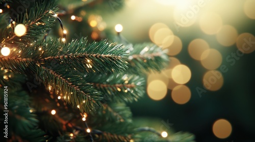 Close up of a christmas tree branch. Christmas lighting, decorations, blurry in background. AI generated