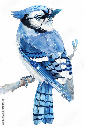 Detailed illustration of a blue jay perched on a twig with vivid feathers.
 photo