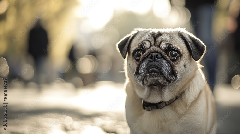 A pug dog sits in a sunlit outdoor setting, surrounded by blurred figures in the background. A pug dog sits in a sunlit outdoor setting, surrounded by blurred figures in the background.