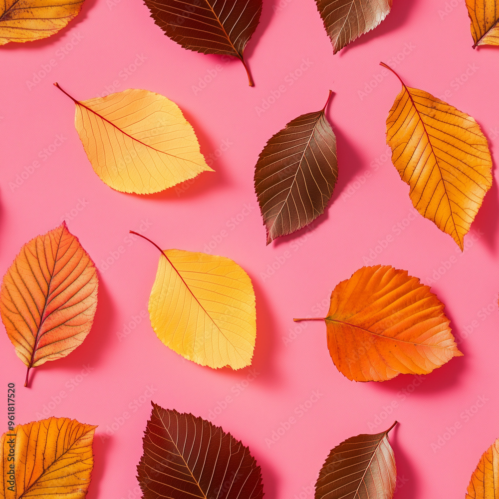 Fototapeta premium Autumn leaves seamless pattern on a pink background. Top view. MInimal autumn idea