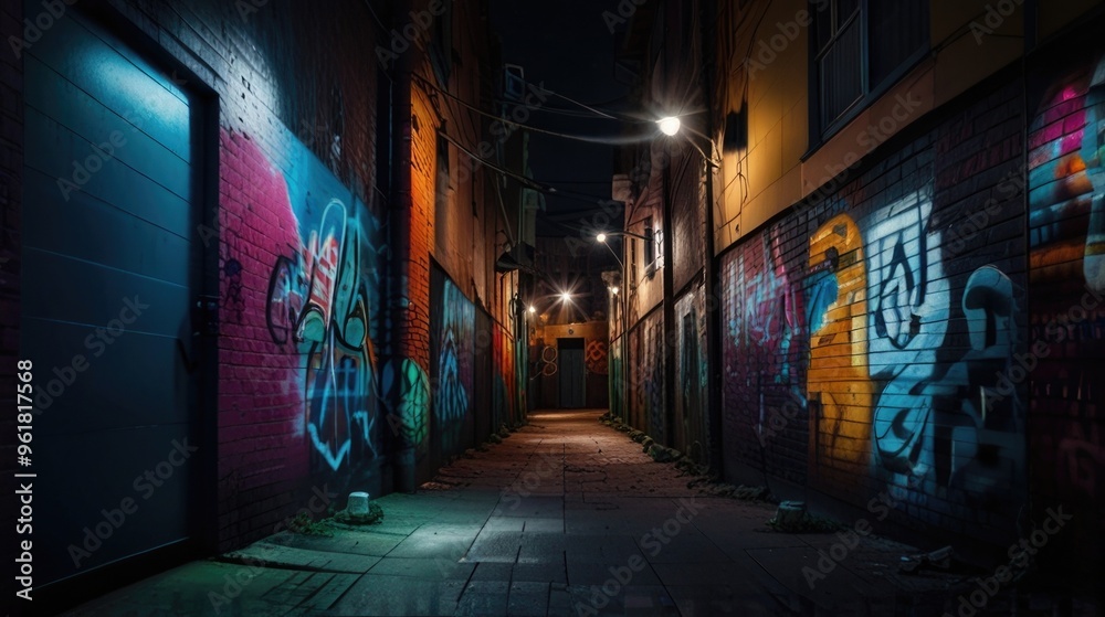 urban alley at nighttime with colorful graffiti on the wall urban alley at nighttime with colorful graffiti on the wall