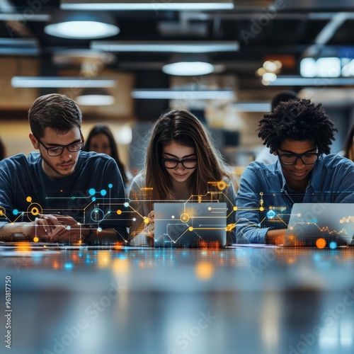 A group of students collaborating on an e-learning project, using digital tools and laptops, with colorful knowledge graphs and virtual icons surrounding them in a modern classroom
