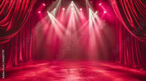 Simple vivid red stage lighting spotlight draped open plain curtains theatre concert show ambiance dramatic performance backdrop concept empty copy space banner background