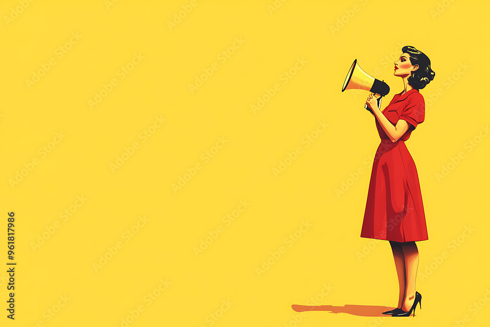 Full-length portrait of a beautiful woman holding a loudspeaker, standing against a bright yellow background with space for text, styled in pop art fashion.
Full-length portrait of a beautiful woman holding a loudspeaker, standing against a bright yellow background with space for text, styled in pop art fashion.