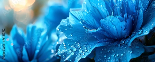 close up blue flower with water droplets