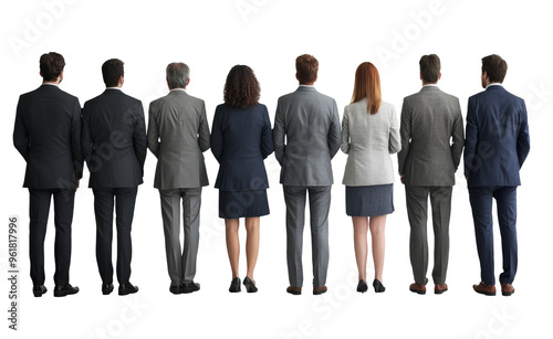 A group of business people standing in a row, viewed from behind: Alpha png, transparent