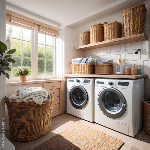  Laundry room with a wicker basket and washing machines, creating a cozy home vibe. _1(647)