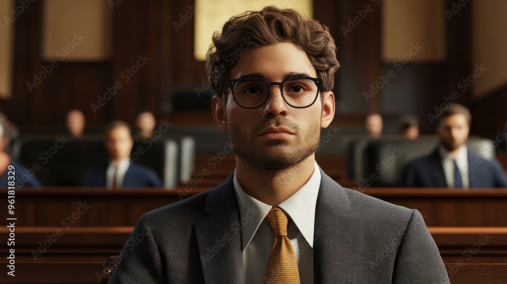 A man in a suit and tie sitting in a courtroom. Generative AI. A man in a suit and tie sitting in a courtroom. Generative AI.
