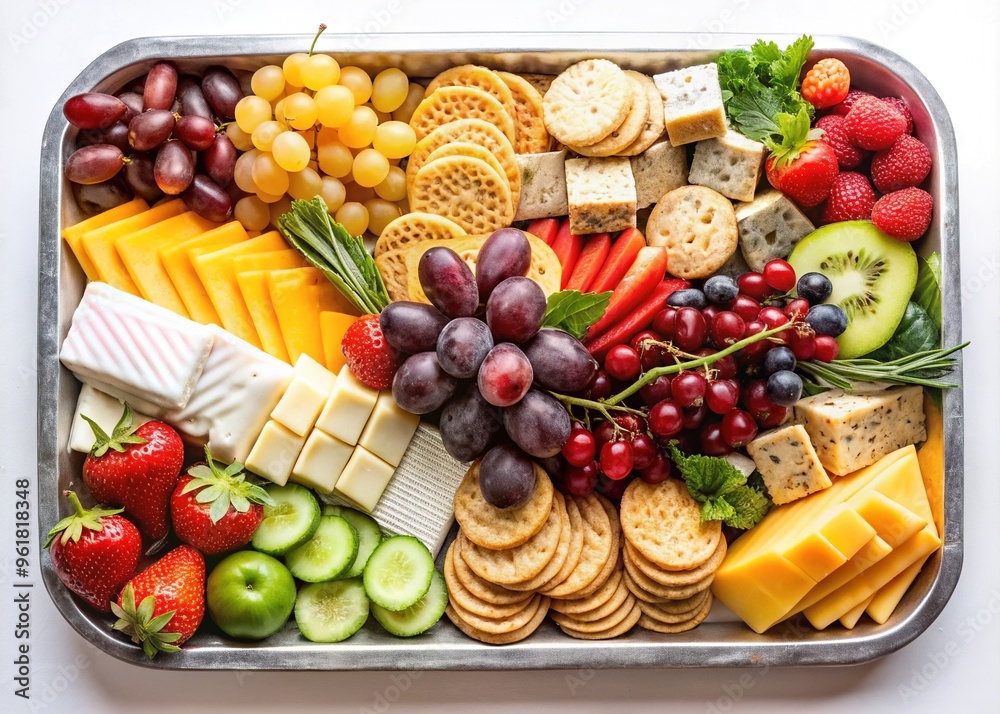 A stainless steel tray bursts with a medley of colorful fresh fruits, artisanal cheeses, crackers, and garnishes, arranged with precision on a clean white surface. A stainless steel tray bursts with a medley of colorful fresh fruits, artisanal cheeses, crackers, and garnishes, arranged with precision on a clean white surface.