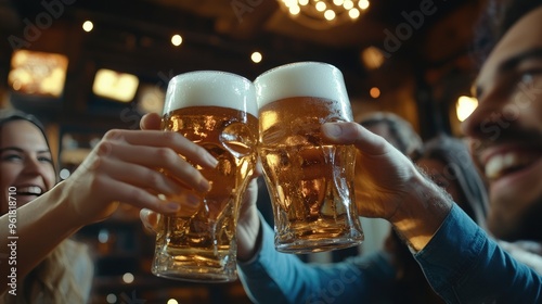 Group of friends clinking beer glasses together in a lively pub setting, with frothy beer and smiling faces capturing the spirit of celebration photo