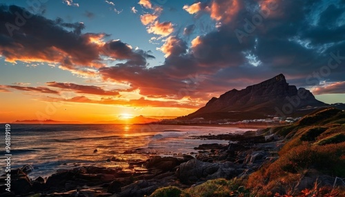 the sun sets over table mountain in cape town,