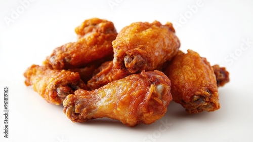 Heaping serving of hot, fried chicken wings with a crispy coating, placed on a white surface for a clean, appetizing look