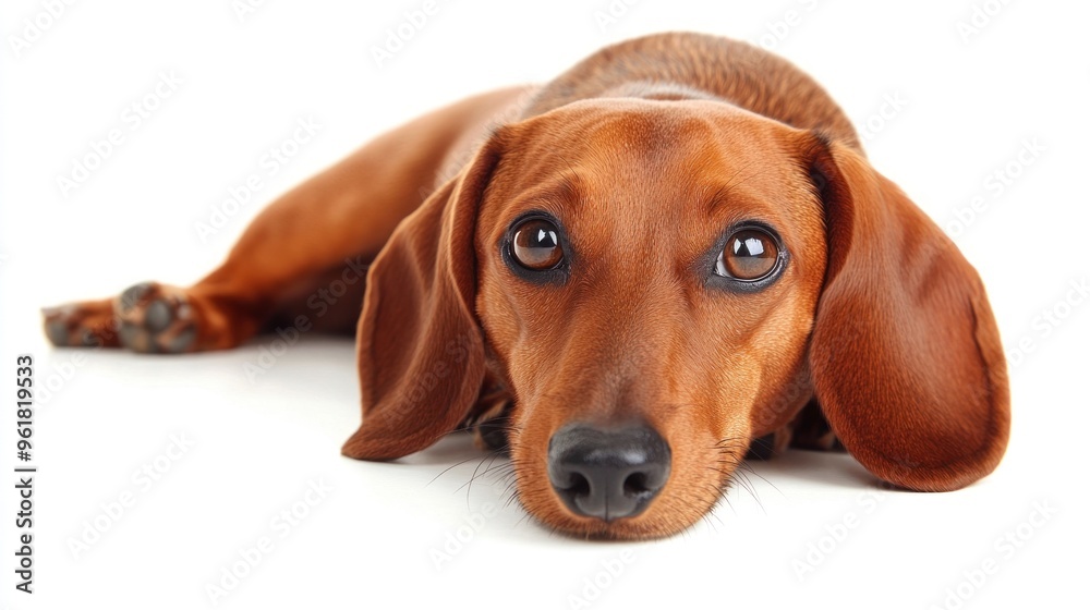 A relaxed dachshund resting on a white surface, showcasing its expressive eyes. A relaxed dachshund resting on a white surface, showcasing its expressive eyes.