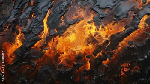 Close-up of Molten Metal Flow with Bright Orange and Dark Black Texture