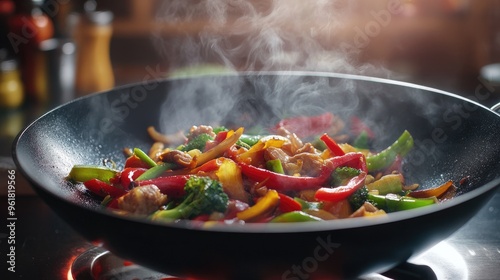 High-quality wok with sizzling stir-fry, showcasing its curved shape and the vibrant colors of the ingredients against a modern kitchen background.