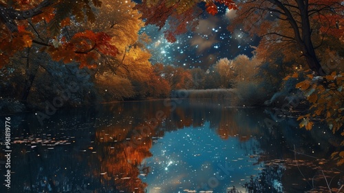 A serene night scene featuring a calm lake reflecting the starry sky and the vibrant autumn foliage. The mixture of warm autumn hues and the cool, starry sky creates a peaceful and enchanting