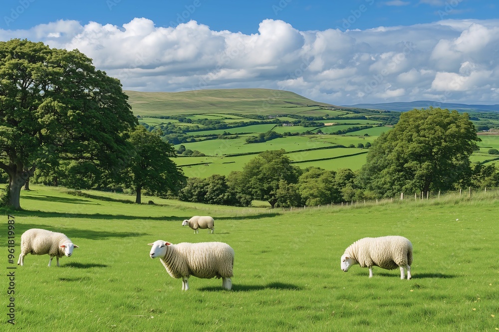 A serene landscape of sheep grazing in a lush, green countryside with rolling hills and scattered trees under a partly cloudy sky. A serene landscape of sheep grazing in a lush, green countryside with rolling hills and scattered trees under a partly cloudy sky.