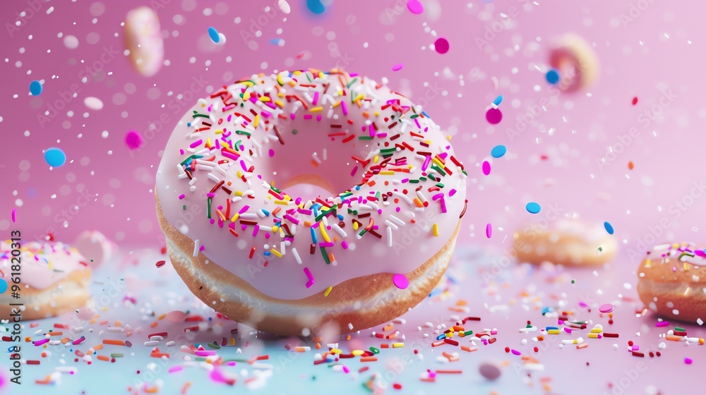 A pink frosted donut with sprinkles, in front of a pink background. A pink frosted donut with sprinkles, in front of a pink background.