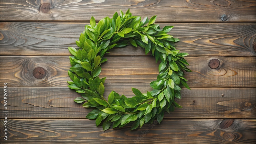 Wreath of green leaves on a wooden background, nature, foliage, decoration, circle, rustic, floral, botanical, seasonal Wreath of green leaves on a wooden background, nature, foliage, decoration, circle, rustic, floral, botanical, seasonal