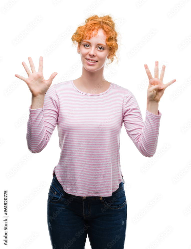 Young redhead woman showing and pointing up with fingers number nine while smiling confident and happy. Young redhead woman showing and pointing up with fingers number nine while smiling confident and happy.