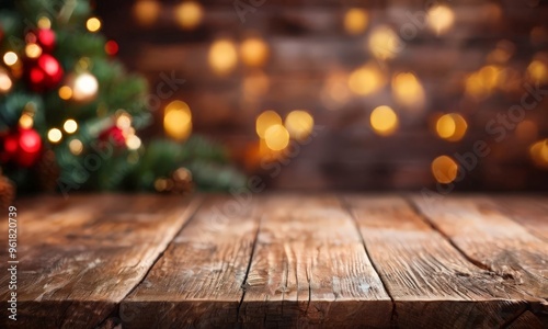christmas tree and wooden table with blurred bo