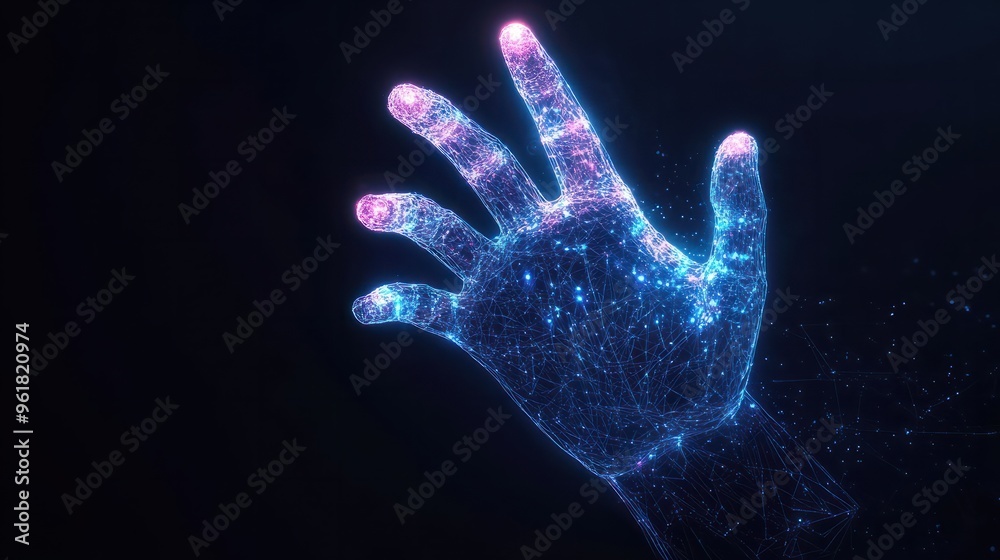 Digital hand hologram on dark background with copy space. Neural network connection. Communication with artificial intelligence. Created with Generative AI Digital hand hologram on dark background with copy space. Neural network connection. Communication with artificial intelligence. Created with Generative AI