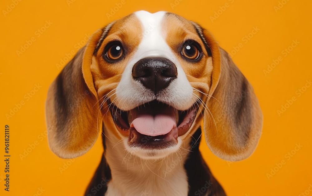 Cheerful Beagle Dog with Wide Smile on Orange Background - Happy Canine Portrait Cheerful Beagle Dog with Wide Smile on Orange Background - Happy Canine Portrait
