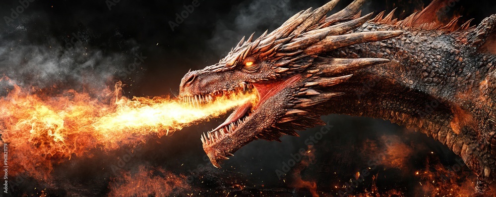 Naklejka premium A fierce dragon breathing fire, showcasing mythical power and fantasy elements in a dramatic setting.