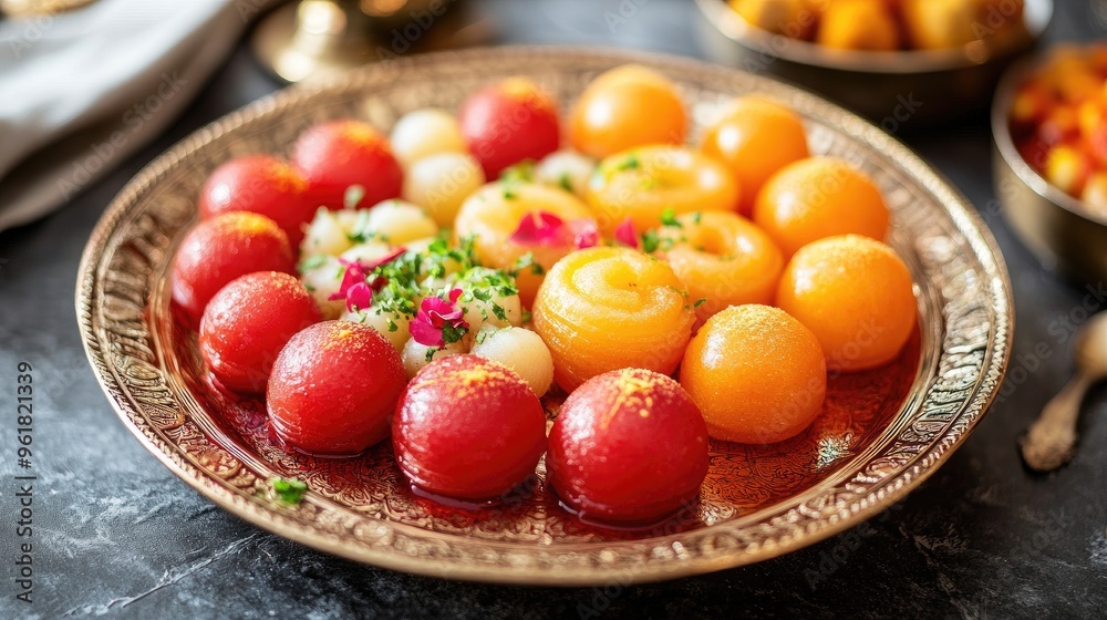 Indian sweets such as gulab jamun, jalebi, and rasgulla displayed on a decorative plate, highlighting their vibrant colors and festive appeal. Indian sweets such as gulab jamun, jalebi, and rasgulla displayed on a decorative plate, highlighting their vibrant colors and festive appeal.