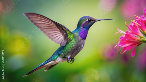 Hummingbird violet Sabrewing flying next to pink flower, hummingbird, violet Sabrewing, big blue bird, flying