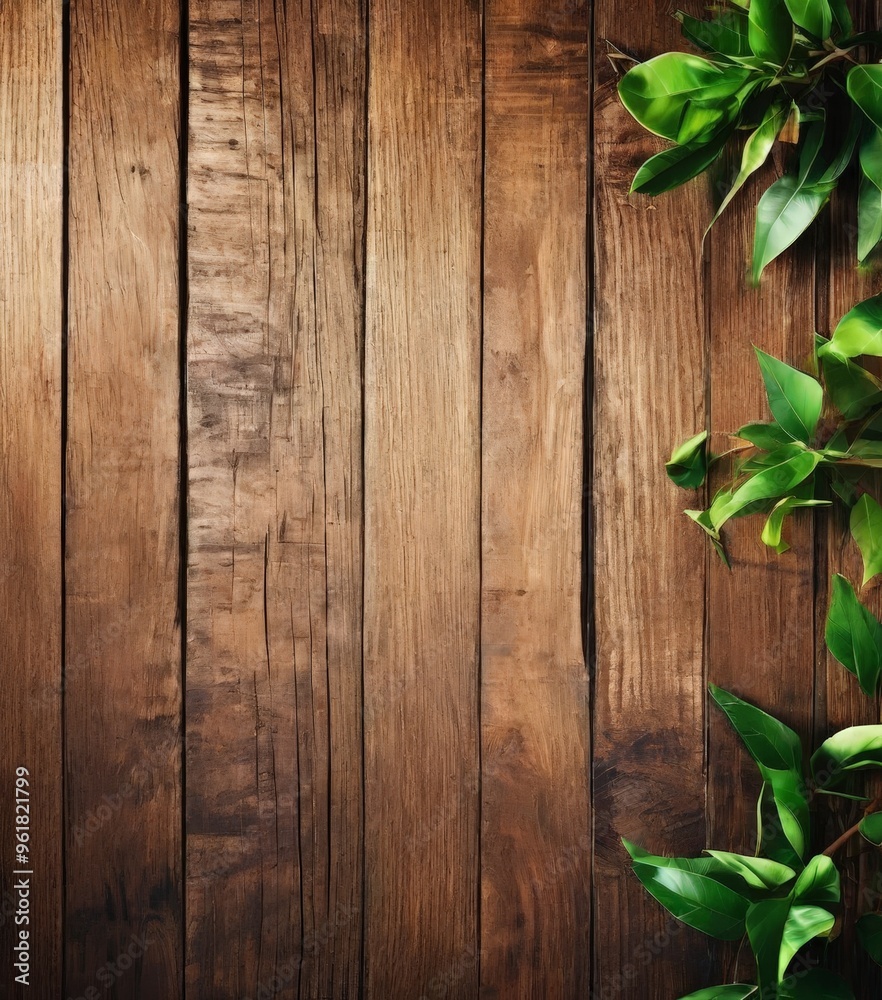 wooden background with green leaves wooden background with green leaves