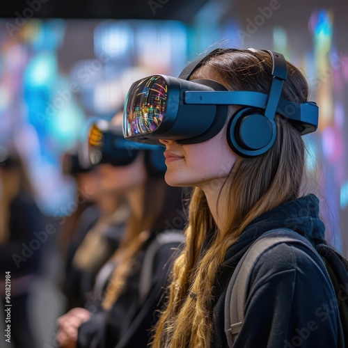 A young woman experiences virtual reality with a headset.