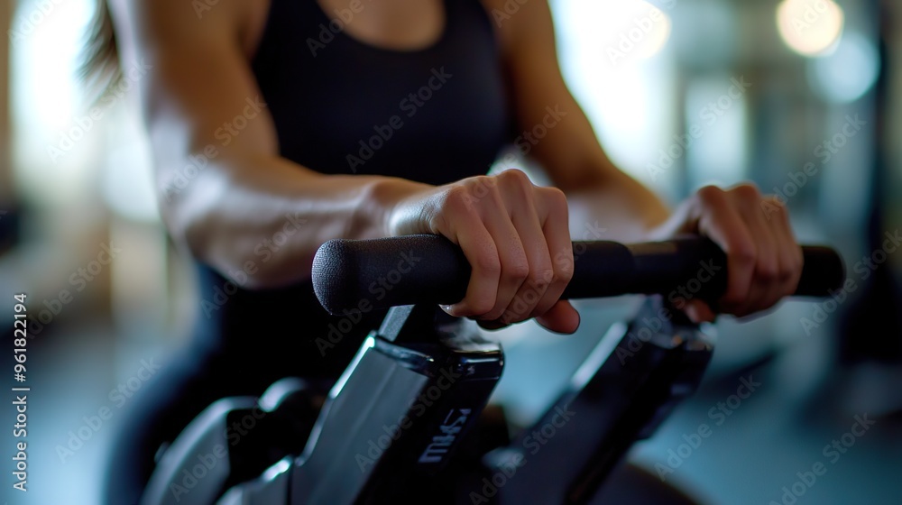 close-up of a pair of hands gripping the handles of a rowing machine, with the gym environment in the background. close-up of a pair of hands gripping the handles of a rowing machine, with the gym environment in the background.