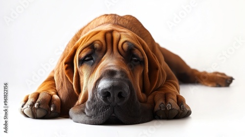 A relaxed dog lying down on a white surface, showcasing its features and expression.