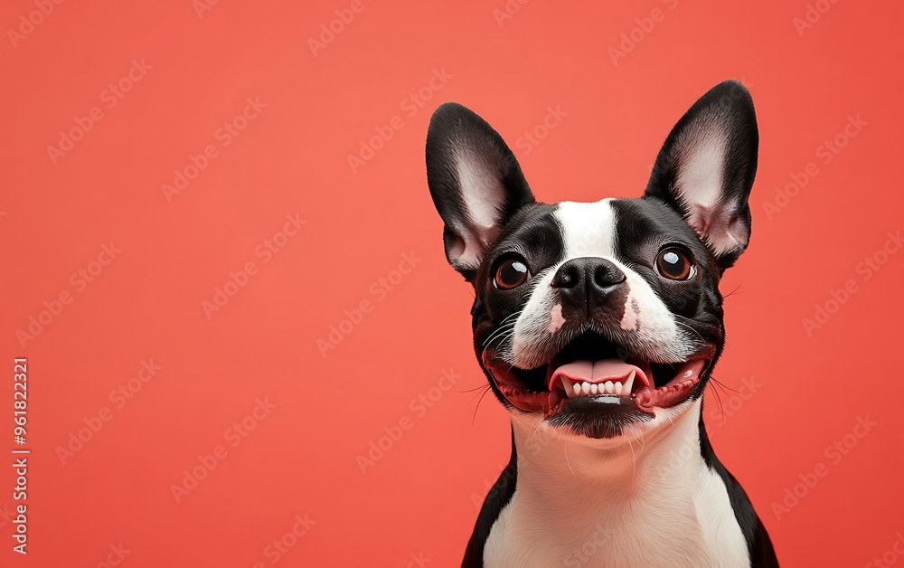 Cheerful Boston Terrier Dog Portrait Against Coral Background with Sparkling Eyes Cheerful Boston Terrier Dog Portrait Against Coral Background with Sparkling Eyes