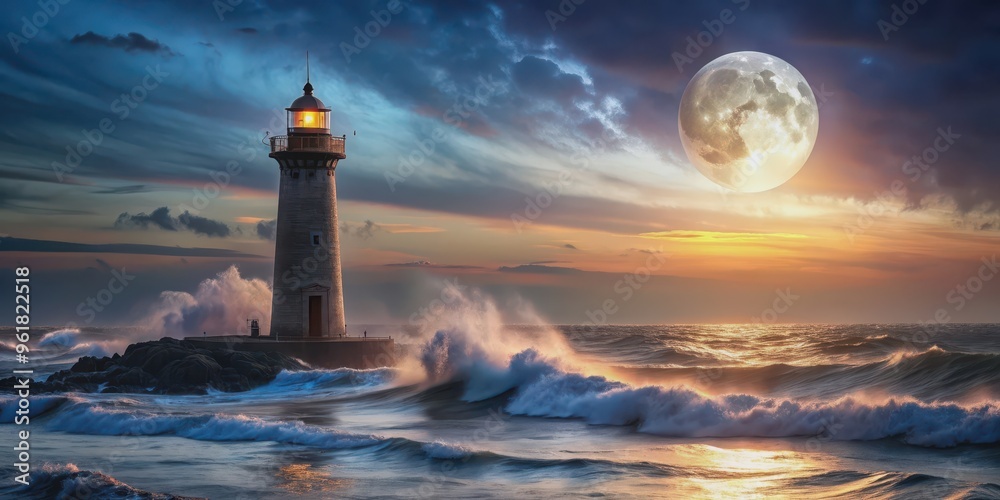 Beautiful night scenery of a lighthouse and landscape with full moon, mystic ocean waves and sky , lighthouse, landscape, full moon Beautiful night scenery of a lighthouse and landscape with full moon, mystic ocean waves and sky , lighthouse, landscape, full moon