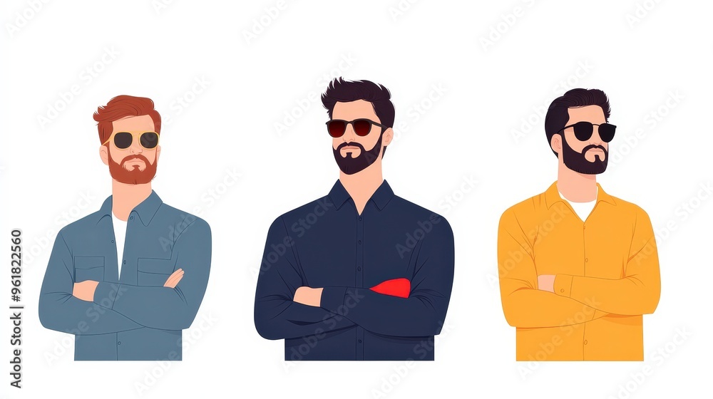 Naklejka premium Three Fashionable Men in Sunglasses Showcasing Style and Attitude with Confident Poses
