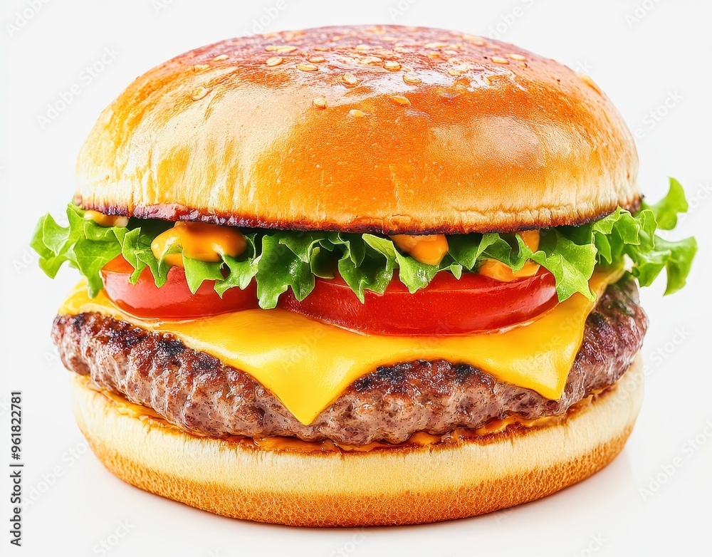 Delicious burger with beef, cheese, lettuce, tomato and sauce on white background