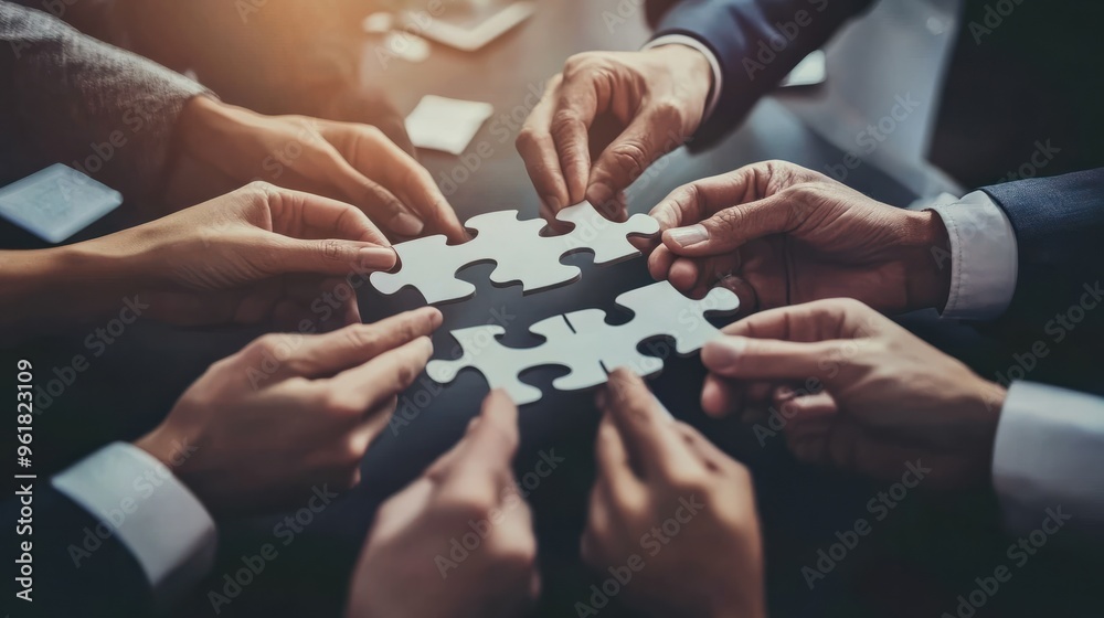 group of business people assembling a jigsaw puzzle - concept of cooperation and teamwork group of business people assembling a jigsaw puzzle - concept of cooperation and teamwork