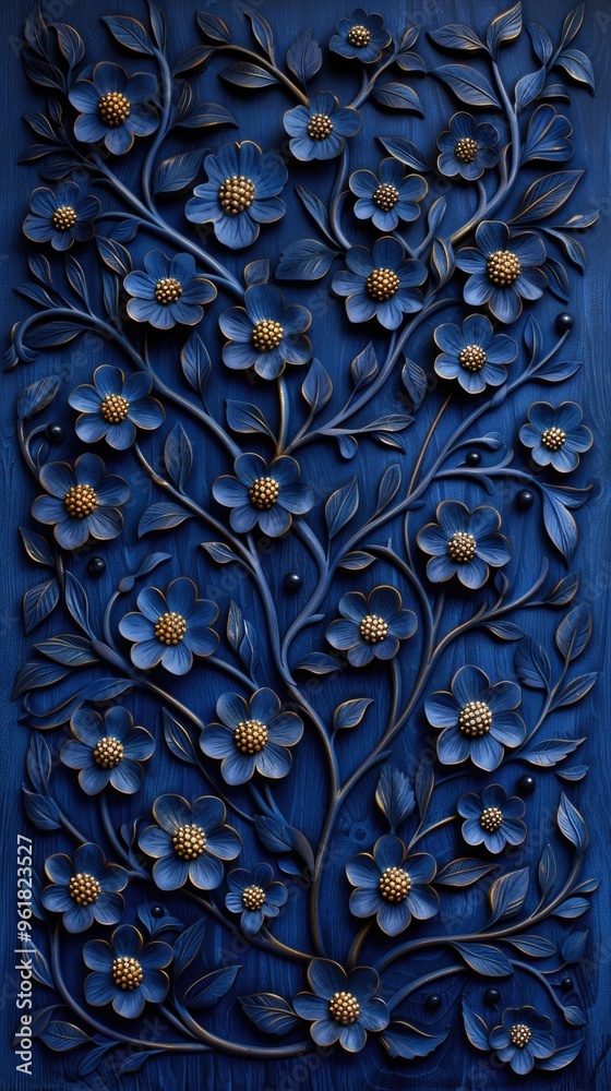 A blue floral design with gold accents A blue floral design with gold accents