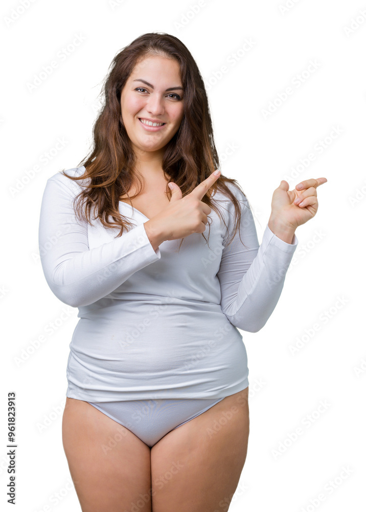 Beautiful plus size young overwight woman wearing white underwear over isolated background smiling and looking at the camera pointing with two hands and fingers to the side. Beautiful plus size young overwight woman wearing white underwear over isolated background smiling and looking at the camera pointing with two hands and fingers to the side.