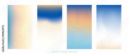 Abstract light sky stories set. Minimalist landscape design. Blue and beige pastel colored vertical vector banner. Blurred sky, clouds gradient background. Simple soft light backdrop for social post