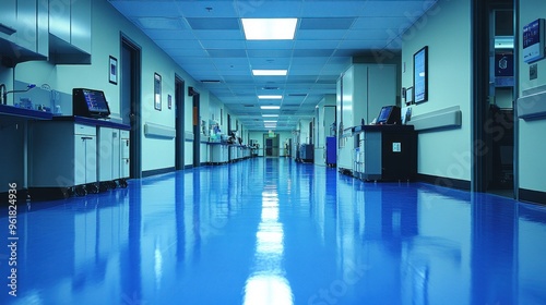 Hospital Corridor with Blue Floor