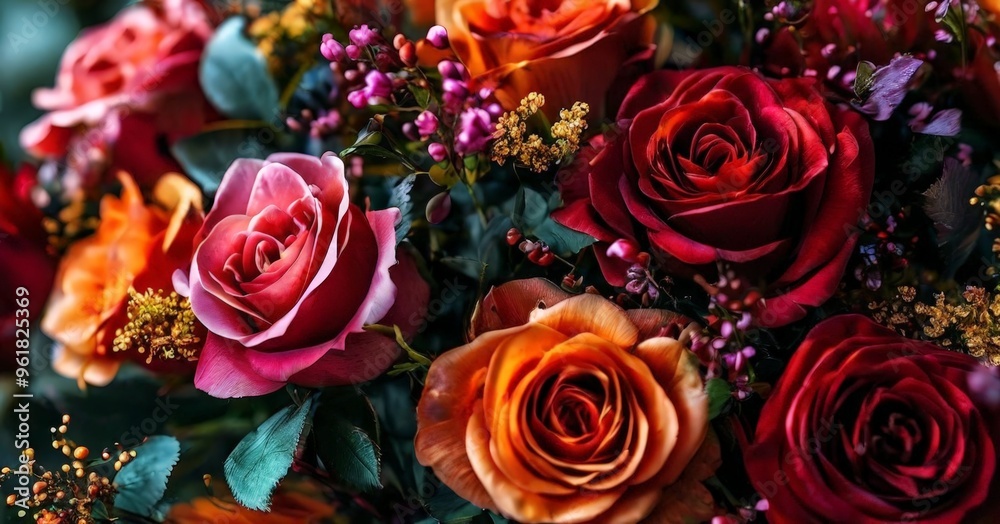 Naklejka premium bouquet roses with leaves and flowers
