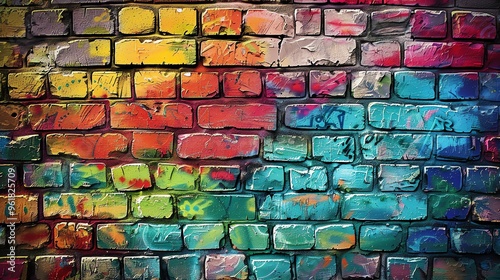 A brick wall with faded paint and colorful graffiti.