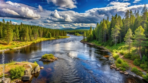 Scenic view of a salmon river landscape in Farnebofjarden national park in north of Sweden, autumn, river, Farnebofjarden