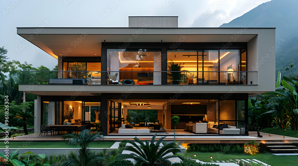 Modern House with Large Windows and Deck Illustration Modern House with Large Windows and Deck Illustration