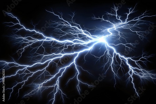 Lightning bolt with extensive branching, isolated on a solid black background, highlighting the intricate details and power of a lightning strike. photo