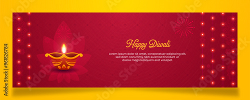 Diwali Horizontal Banner with lightened well decorated lights with light on red background with mandala. Design for Banner or Header with copy space