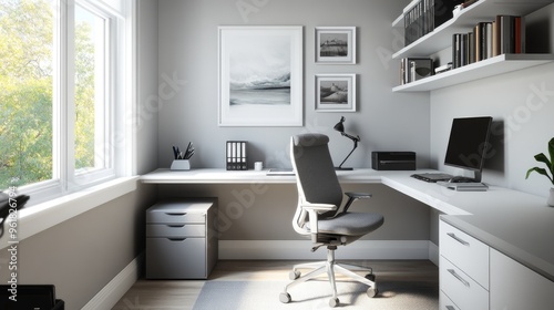 Minimalist home office with a tidy desk, ergonomic chair, and uncluttered workspace, highlighting a focus on functionality and simplicity